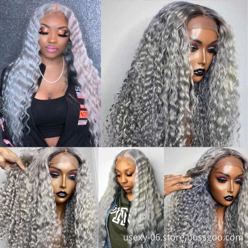 Virgin brazilian colored wigs transparent hd lace front grey wigs deep wave gray human hair frontal lace wigs for black women